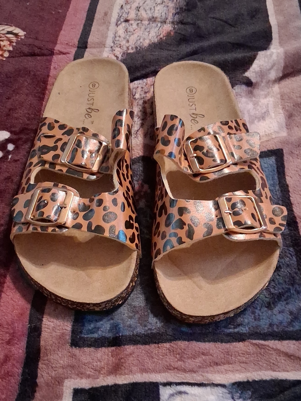 just be Leopard Print Double Buckle Slide Sandals in Brown and Black